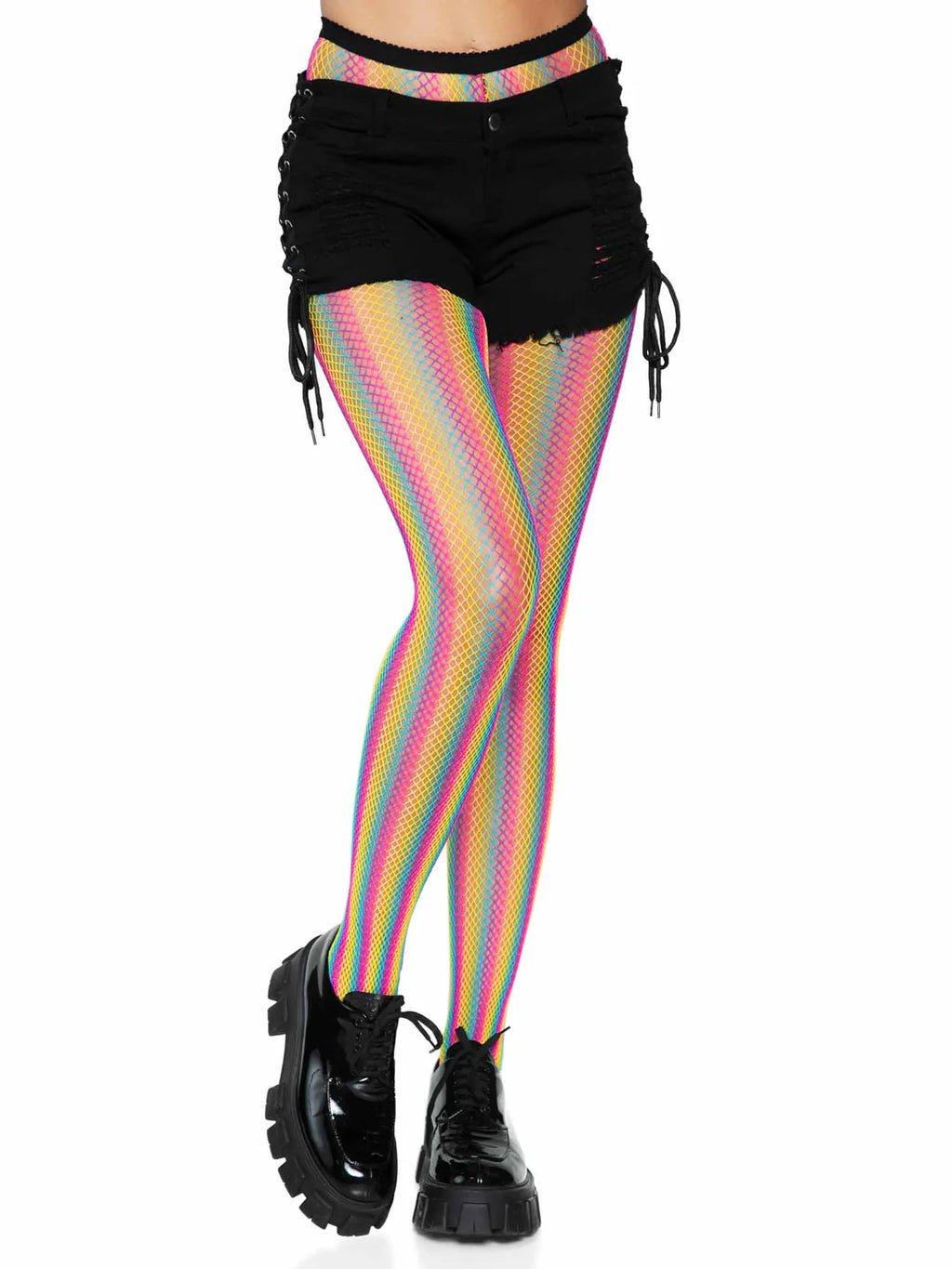 Neon Rainbow Striped Fishnet Pantyhose - OS
