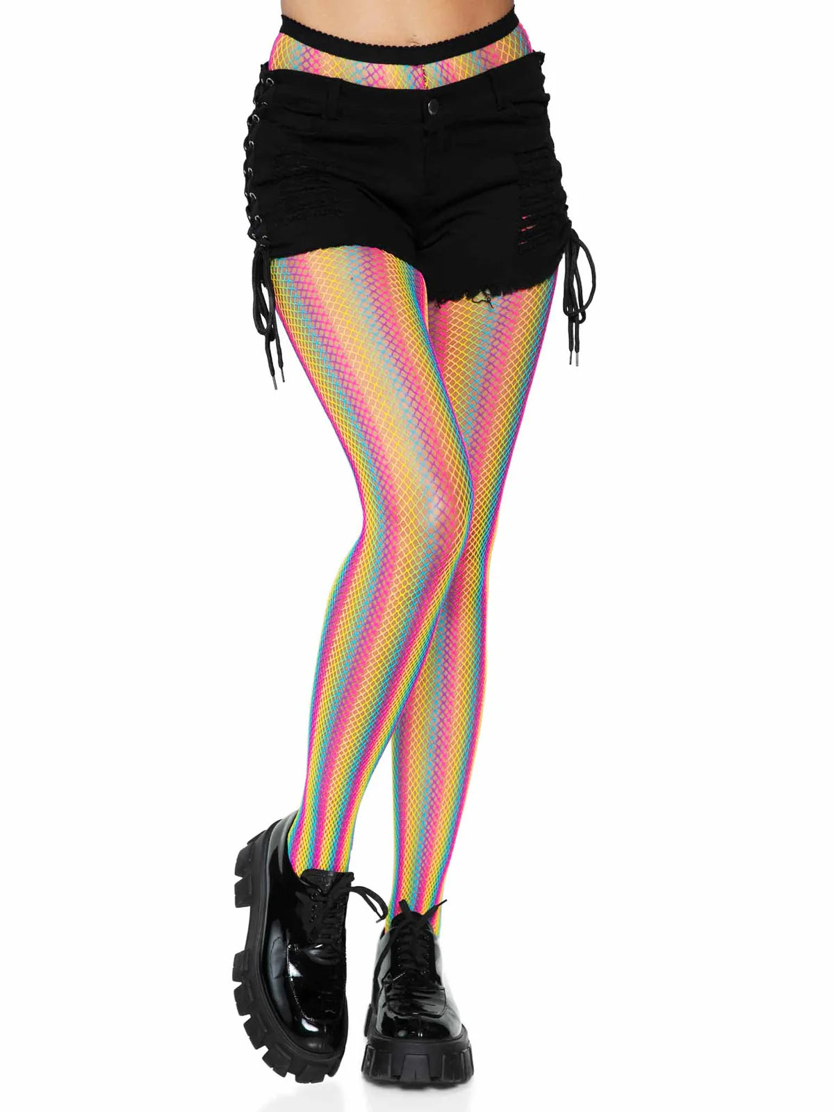 Neon Rainbow Striped Fishnet Pantyhose - OS