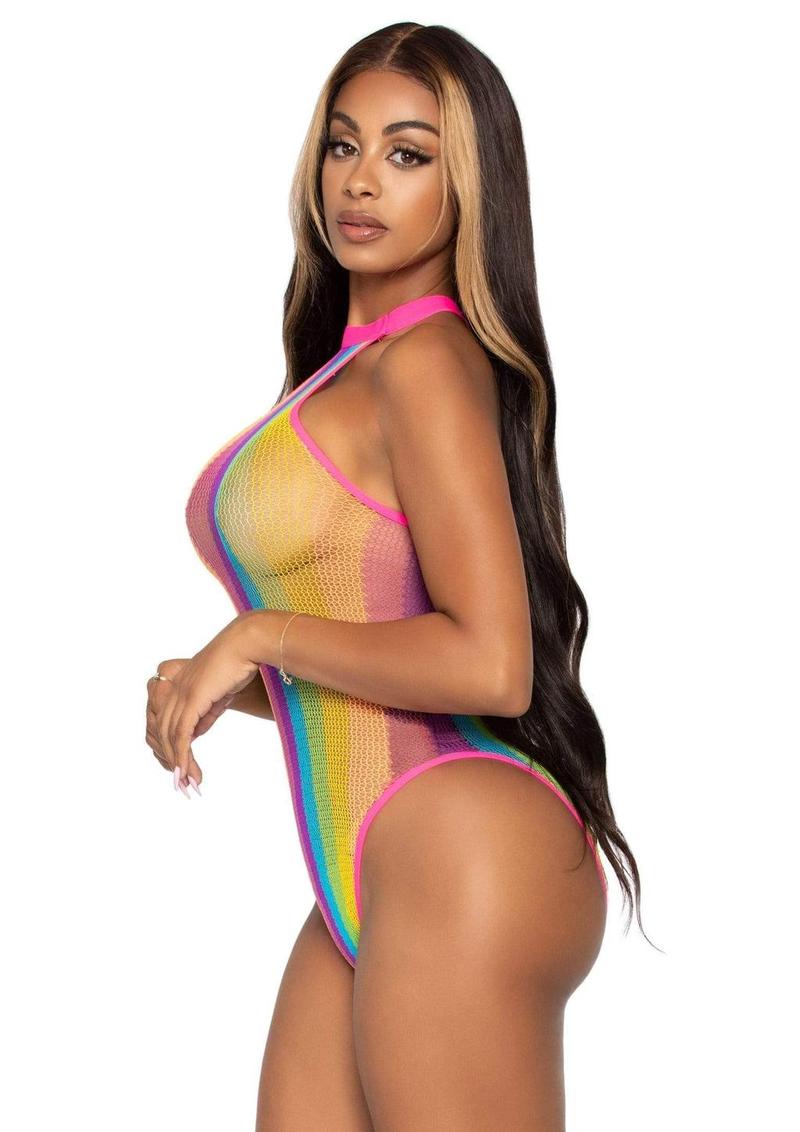 Rainbow Striped Net Halter Bodysuit with Snap Crotch - OS