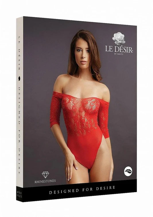 Le Desir Crotchless Rhinestone Teddy Red - One Size