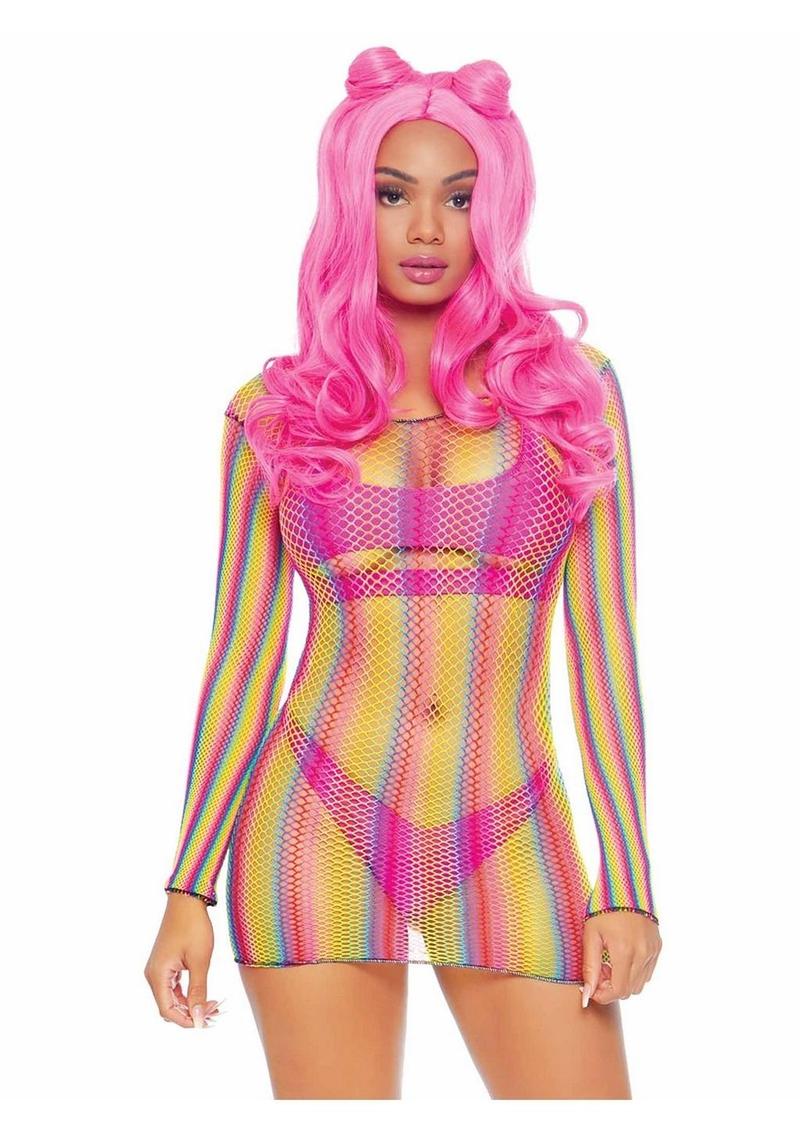 Rainbow Fishnet Long Sleeve Mini Dress - OS